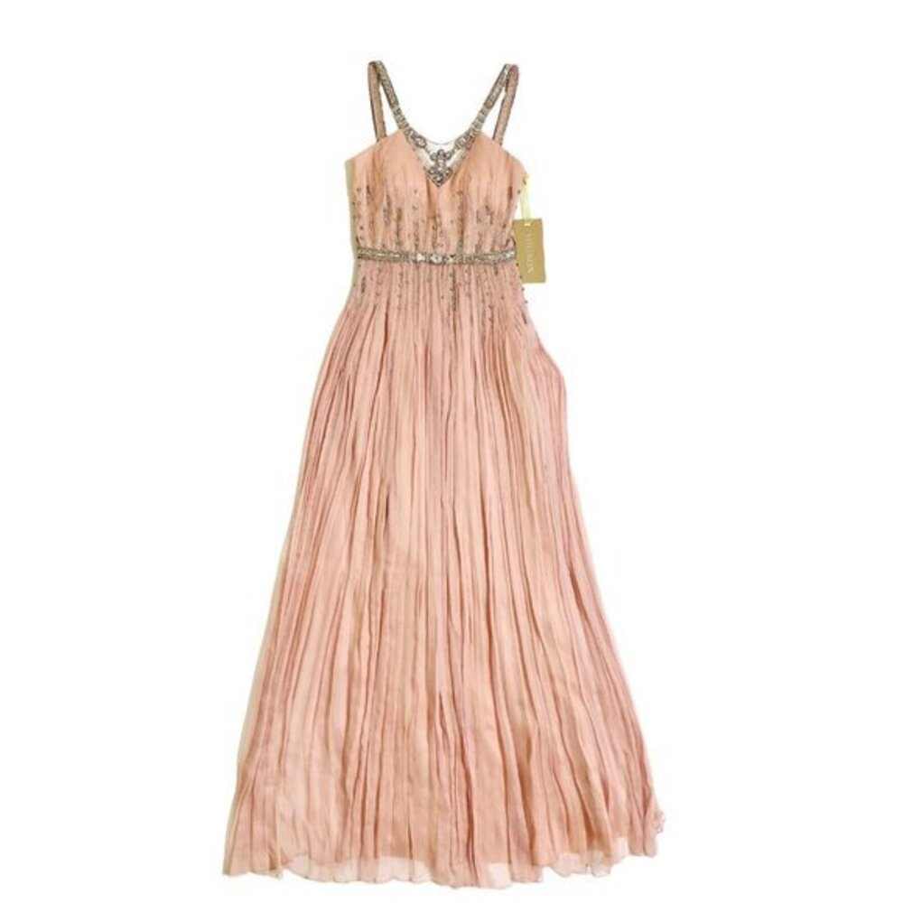 MIGNON VM570 Powder Pink 100% Silk Beaded Rhinestone Crystal Dress SZ 0 NWT